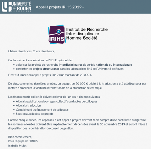 Appel à projets IRIHS
